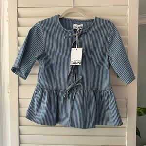 Ganni Peplum Denim Top with Stripes. NWT. Size 32